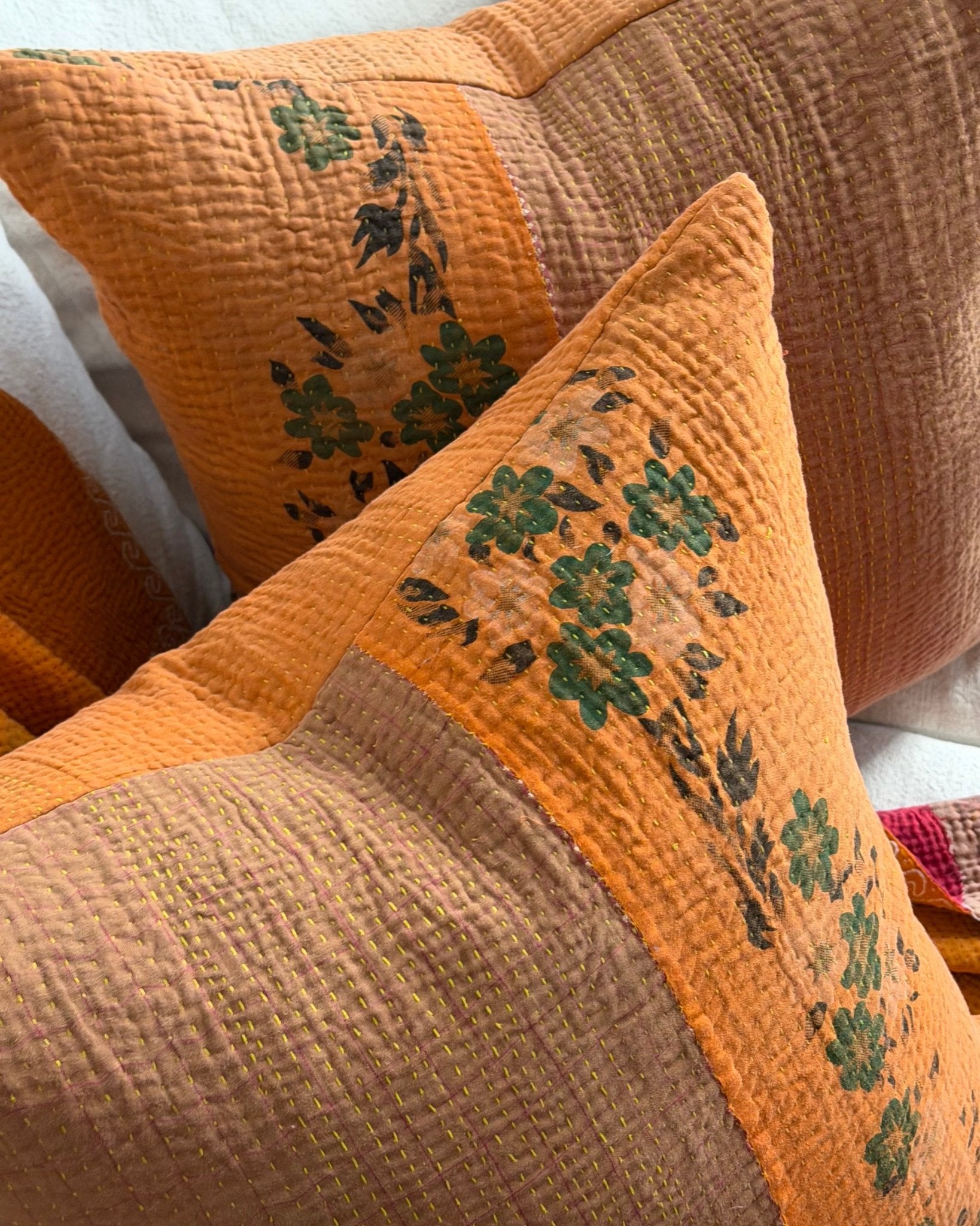 Vintage Kantha Cushion In Orange and Brown Floral 04 - 50cm Square - Biggs & Hill