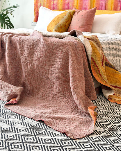 Extra Large Fine Stitched Vintage Kantha Quilt in Yellow and Pink Stripes - Biggs & Hill