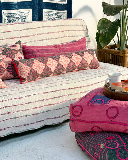 Vintage Kantha Bolster Cushion Cover With Galichi Kantha Stitching - 100cm