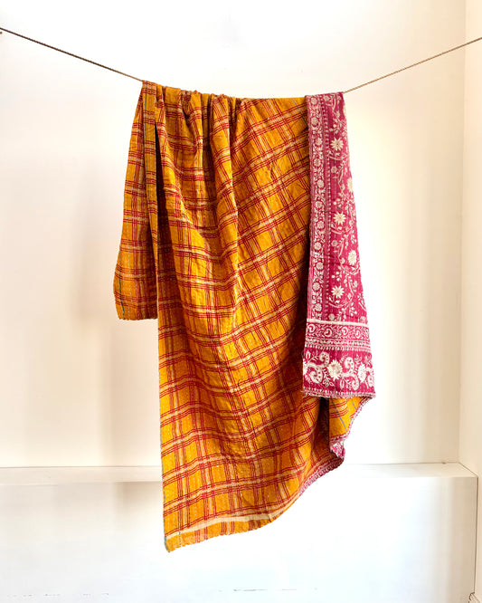 Vintage Cotton Kantha Quilt In Mustard And Red #42