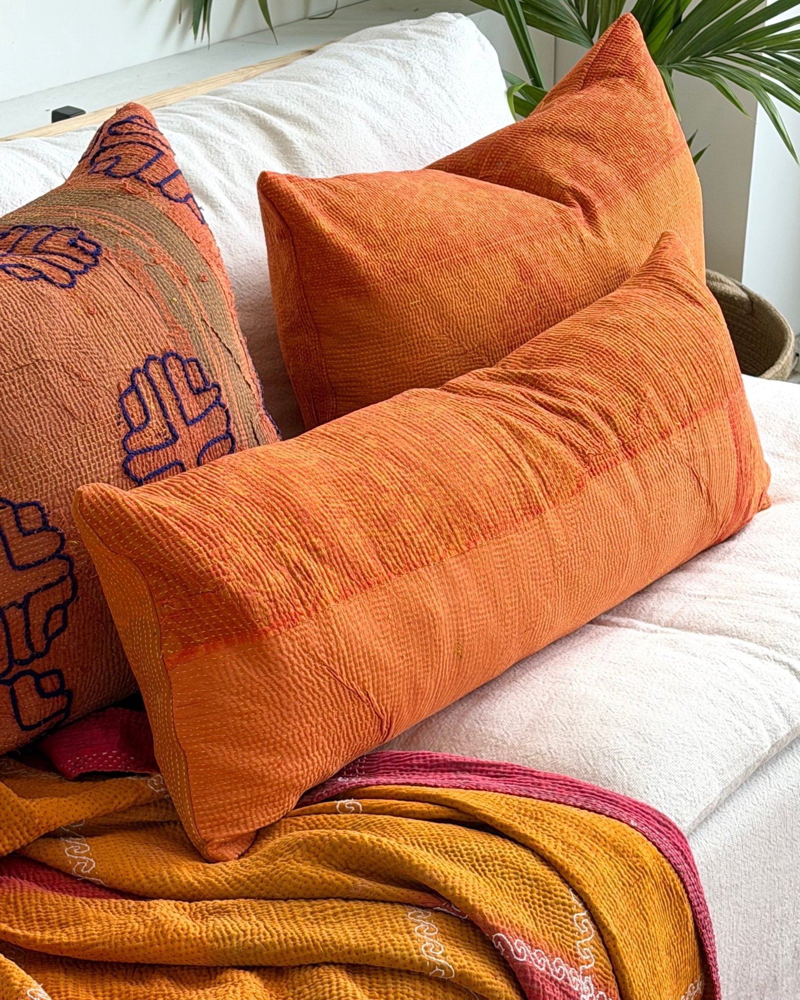 Vintage Kantha Bolster Cushion In Orange 01 - Biggs & Hill