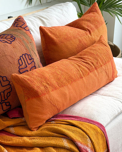 Vintage Kantha Bolster Cushion In Orange 01 - Biggs & Hill