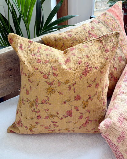 Vintage Kantha Cushion With Yellow Flowers - 45cm Square
