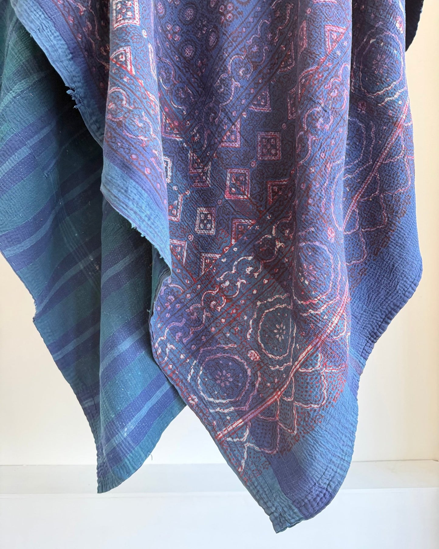 Ajrak Printed Vintage Kantha Quilt In Deep Blue - Biggs & Hill