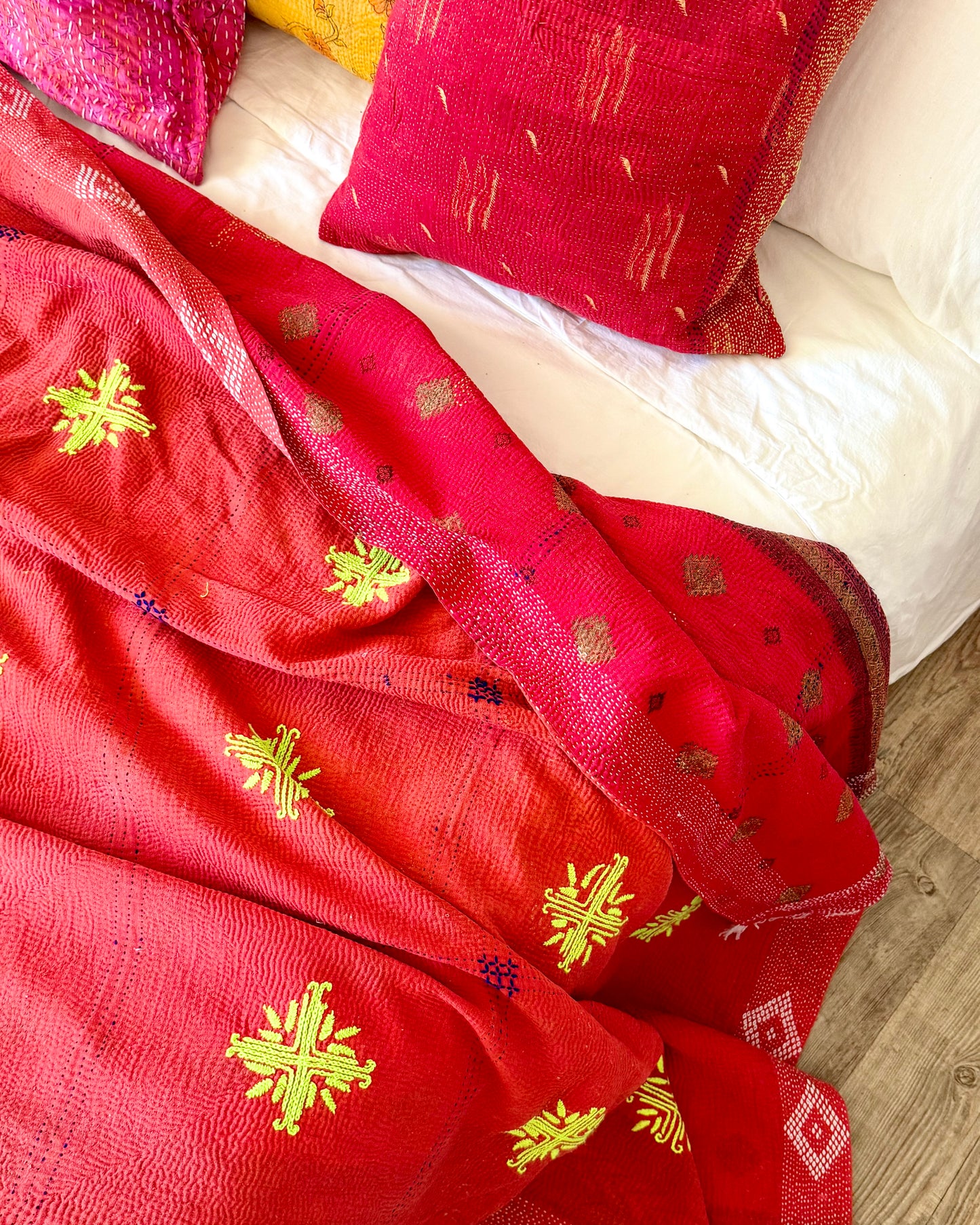 Large Embroidered Vintage Kantha Quilt in Red with Neon Embroidery