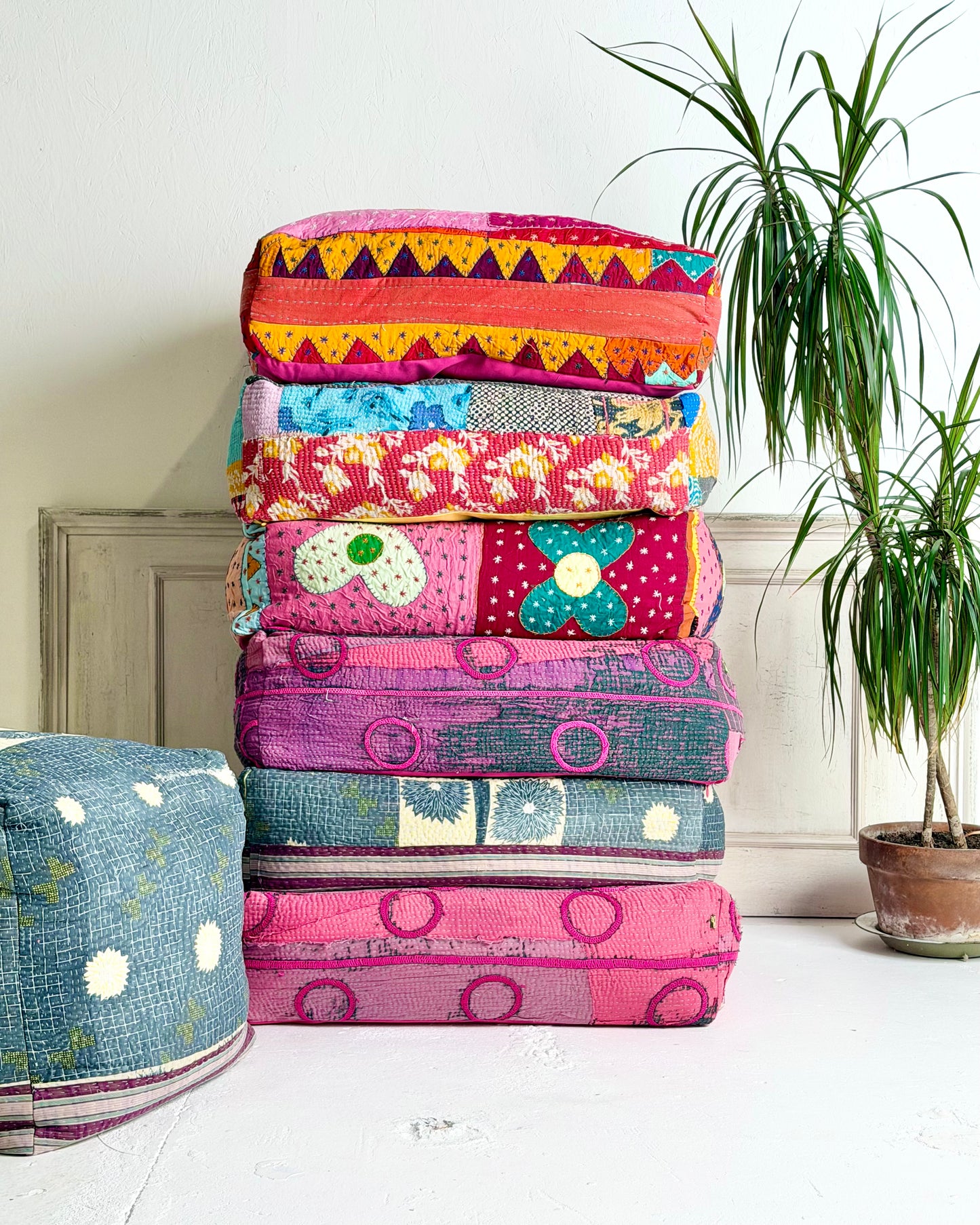 Large Square Kantha Floor Cushion Cover In Blue and Purple Stripe