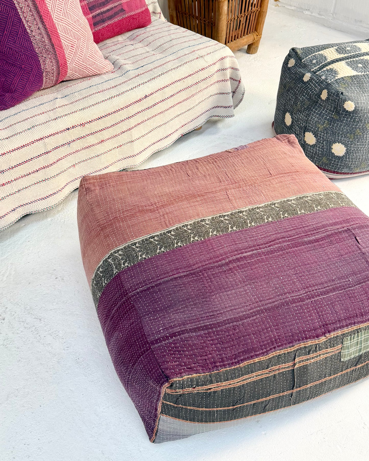 Extra Large Square Kantha Pouf Cushion Cover With Blue and Grey Stripes