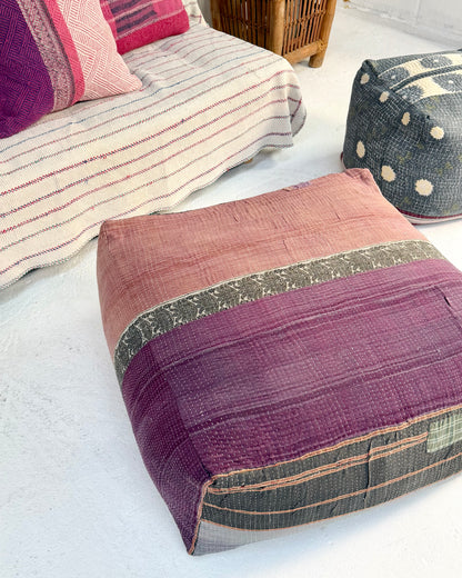 Extra Large Square Kantha Pouf Cushion Cover With Blue and Grey Stripes