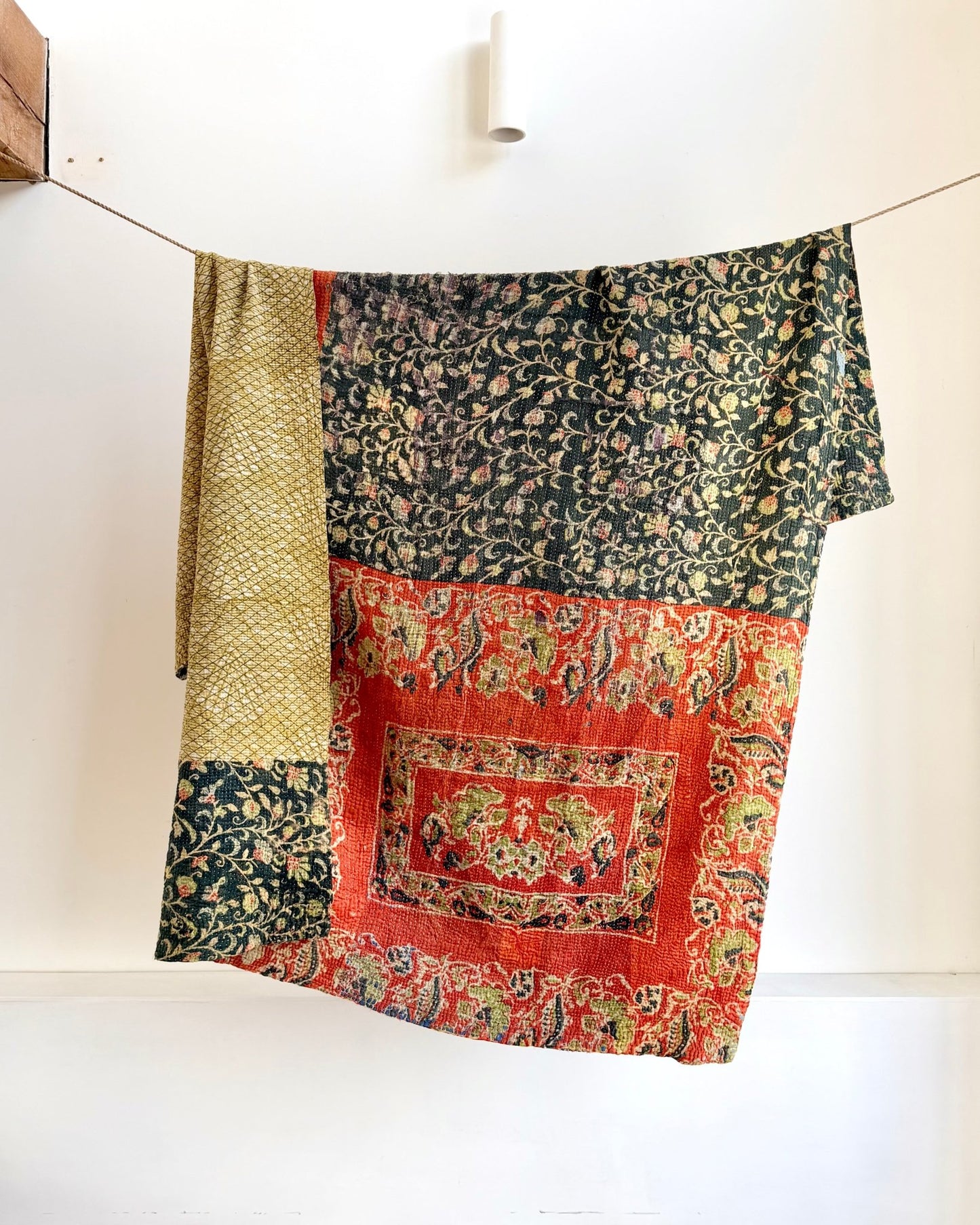 Hand Block Printed Fine Stitched Vintage Kantha Quilt In Muted Blue - Green and Orange - Biggs & Hill