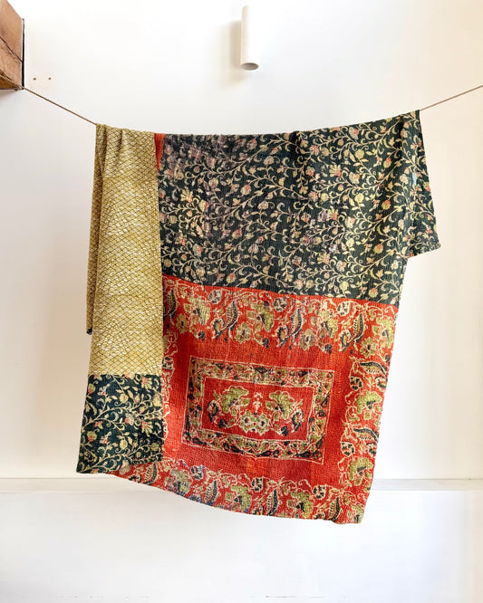 Hand Block Printed Fine Stitched Vintage Kantha Quilt In Muted Blue - Green and Orange - Biggs & Hill