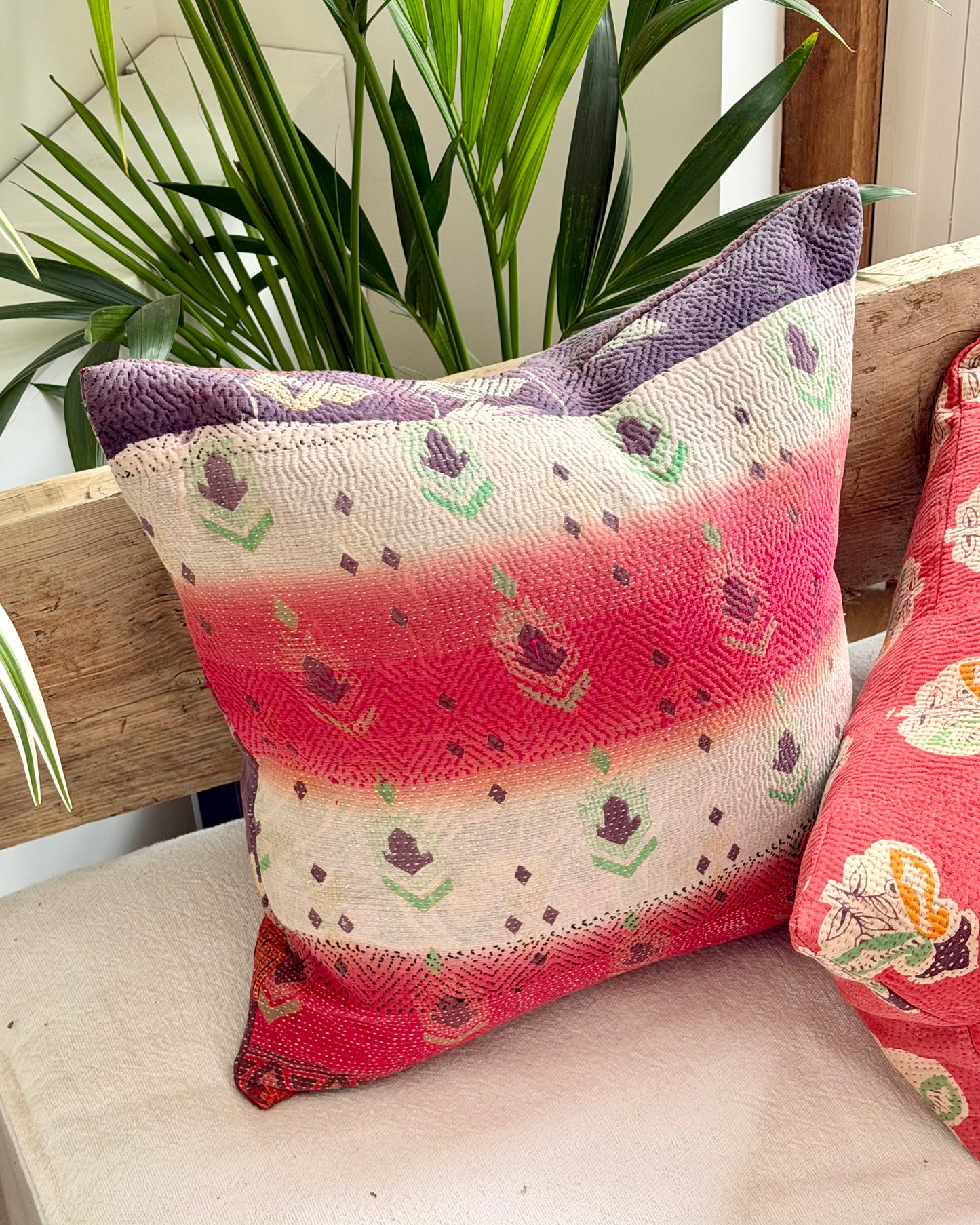Vintage Kantha Cushion In Pink, White and Purple - 45cm Square