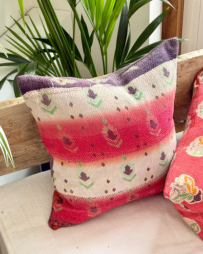 Vintage Kantha Cushion In Pink, White and Purple - 45cm Square