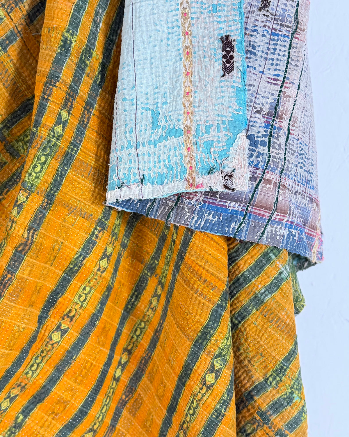 Textured Vintage Kantha Quilt In Orange, Green and White