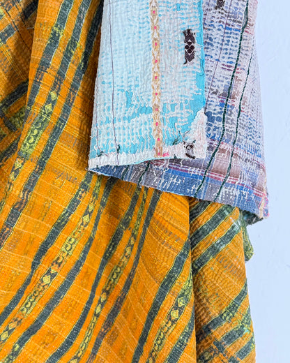 Textured Vintage Kantha Quilt In Orange, Green and White