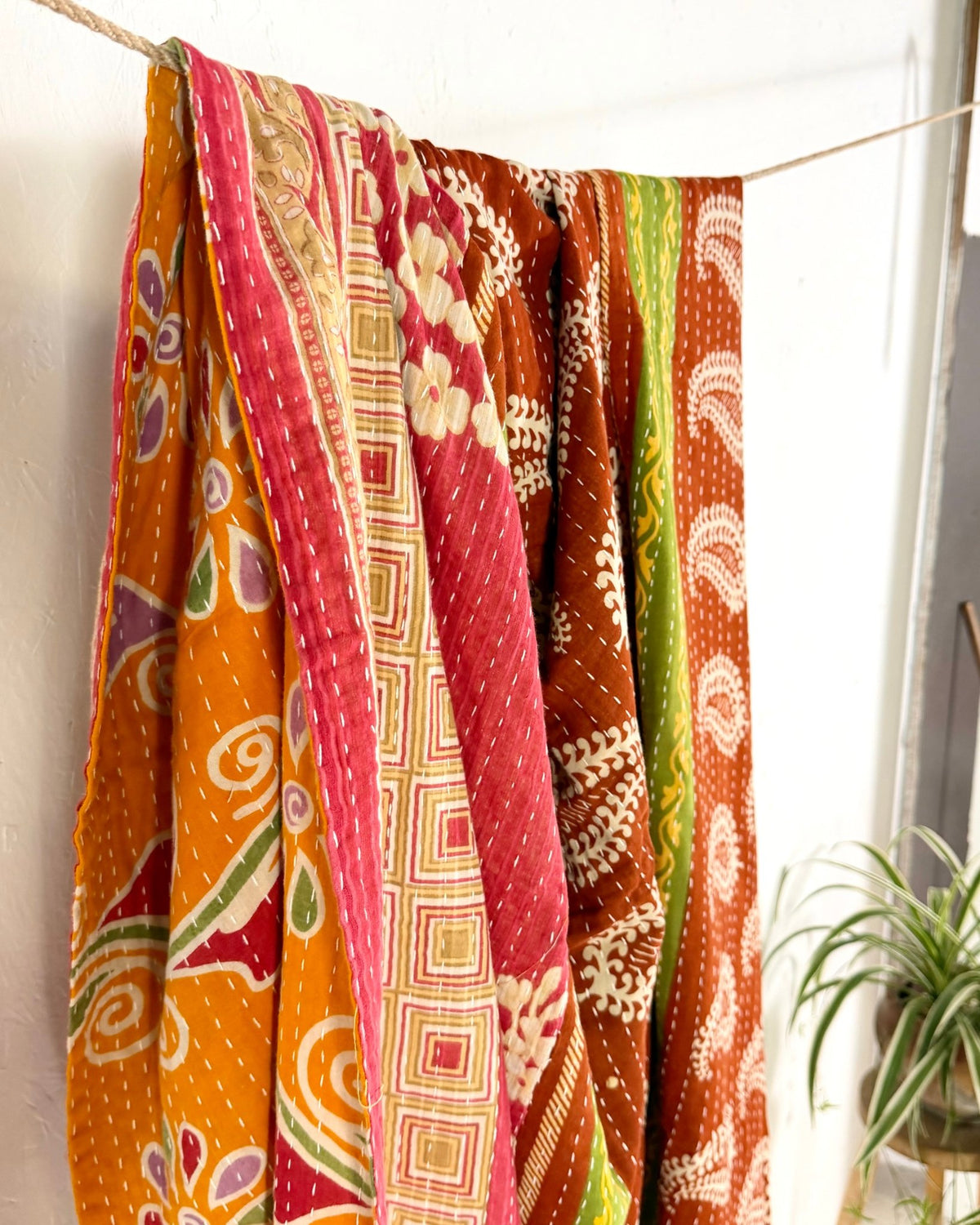 Vintage Cotton Kantha Quilt In Orange, Terracotta and Green 09 - Biggs & Hill