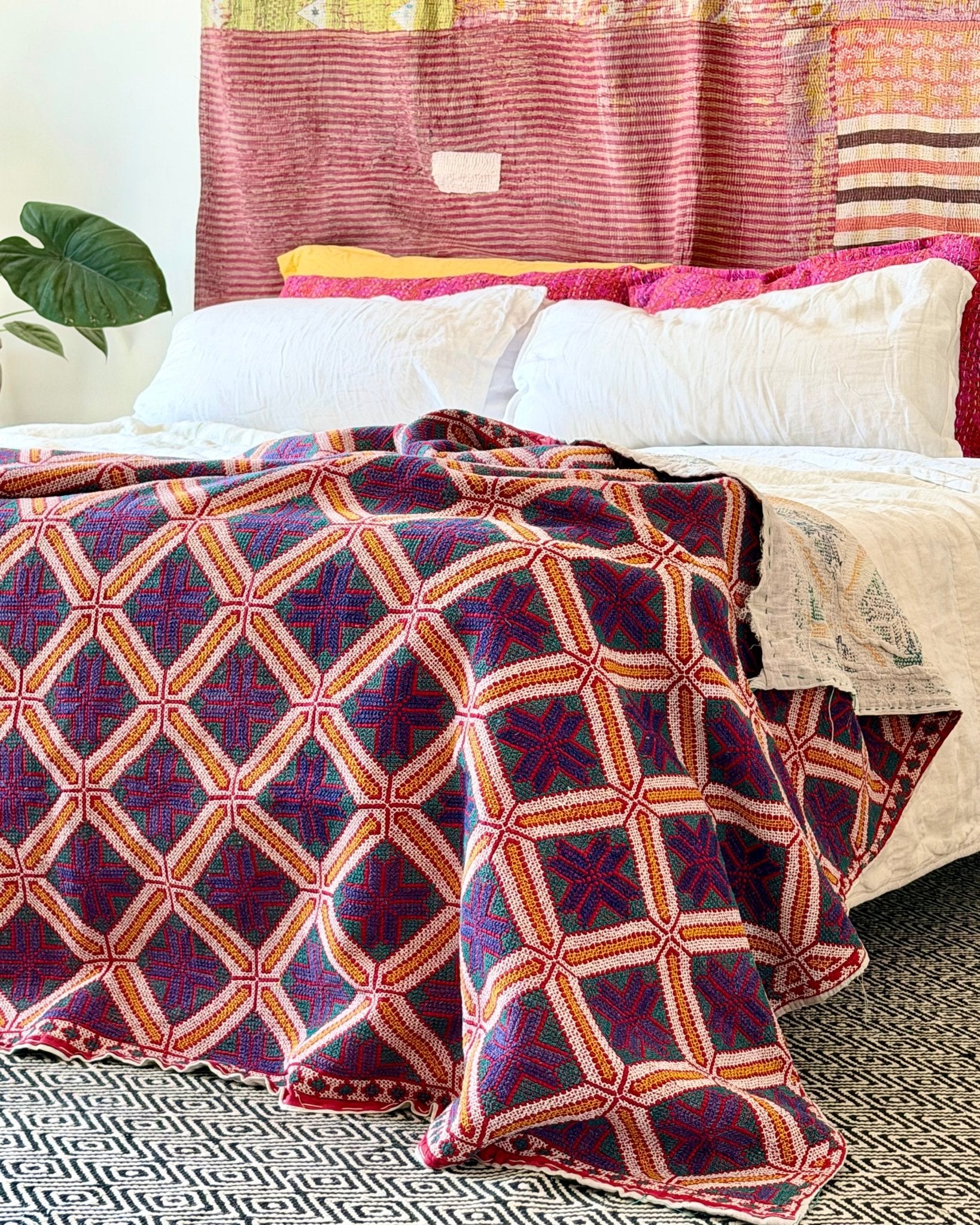 Heavy Vintage Galicha Kantha Quilt In Blue and Red - Biggs & Hill