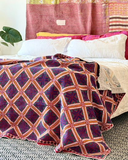 Heavy Vintage Galicha Kantha Quilt In Blue and Red - Biggs & Hill