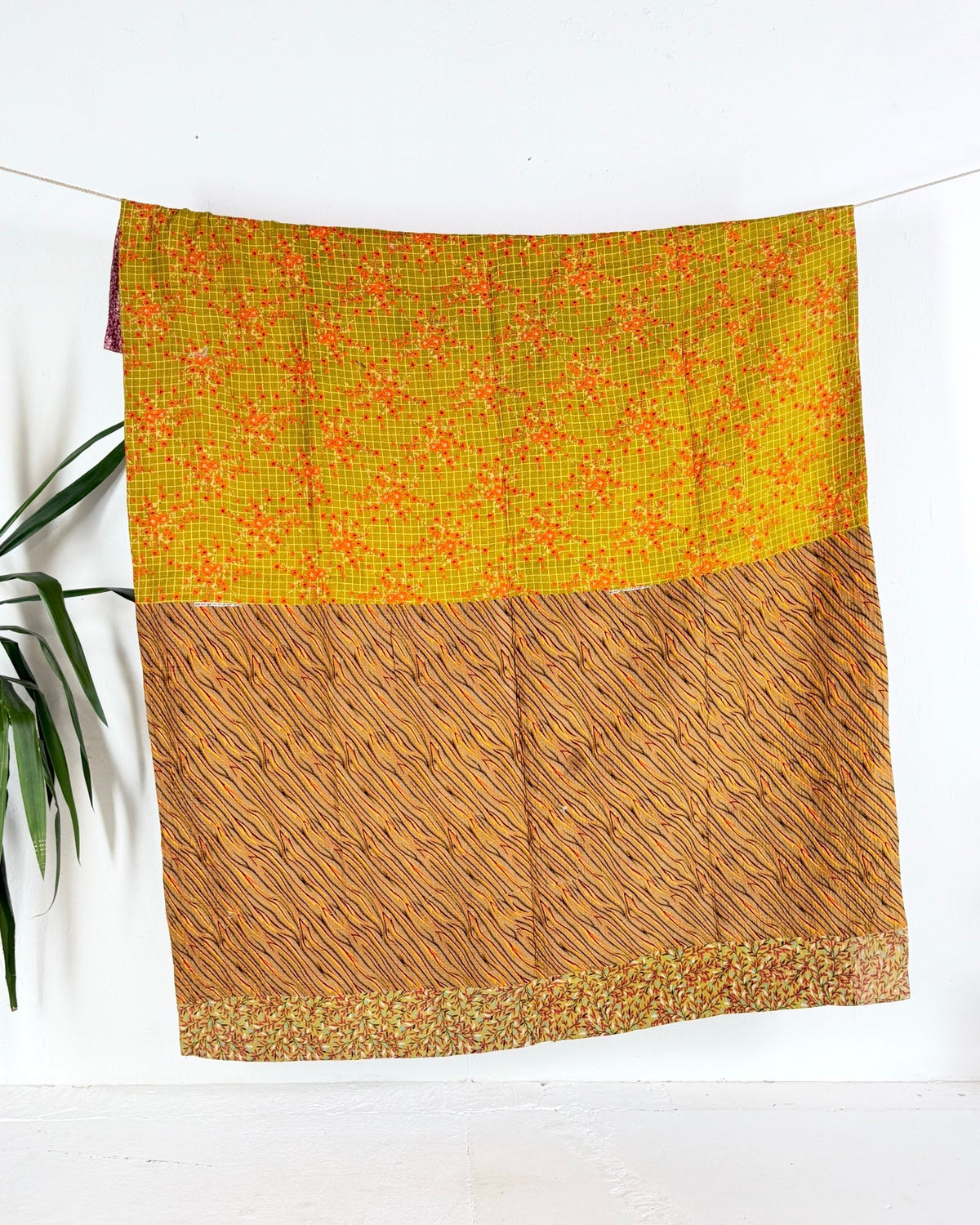Fine Stitched Vintage Kantha Quilt in Pink, Yellow and Mustard - Biggs & Hill