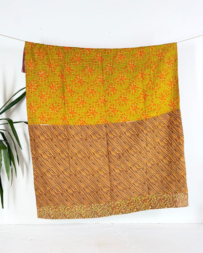 Fine Stitched Vintage Kantha Quilt in Pink, Yellow and Mustard - Biggs & Hill