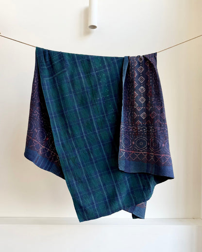 Ajrak Printed Vintage Kantha Quilt In Deep Blue - Biggs & Hill