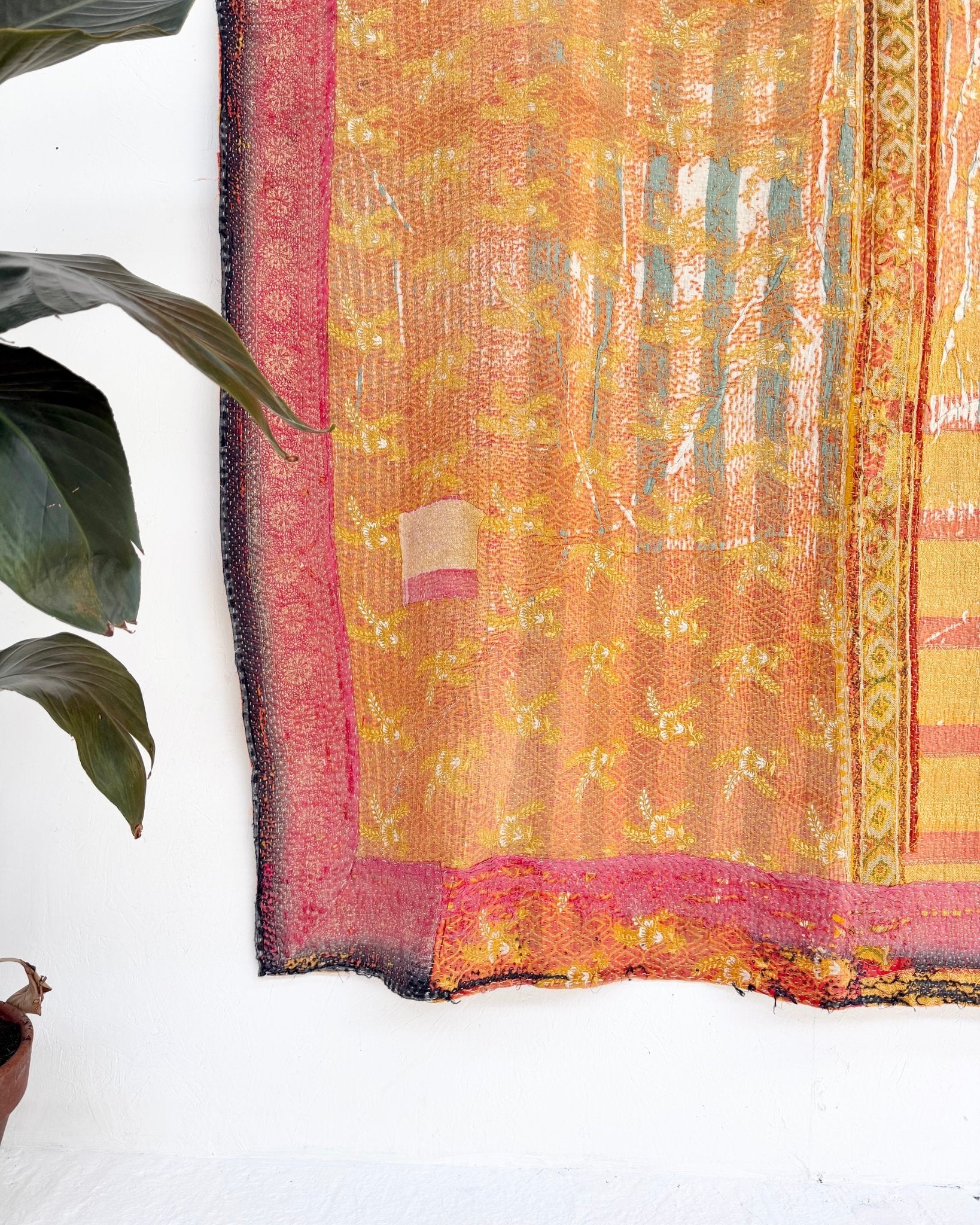 Large Textured Vintage Kantha Quilt In Yellow and Pink - Biggs & Hill
