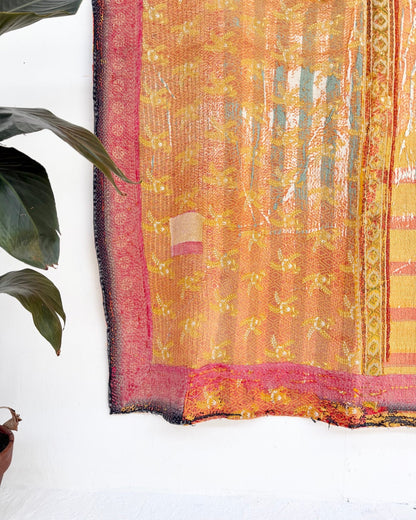Large Textured Vintage Kantha Quilt In Yellow and Pink - Biggs & Hill