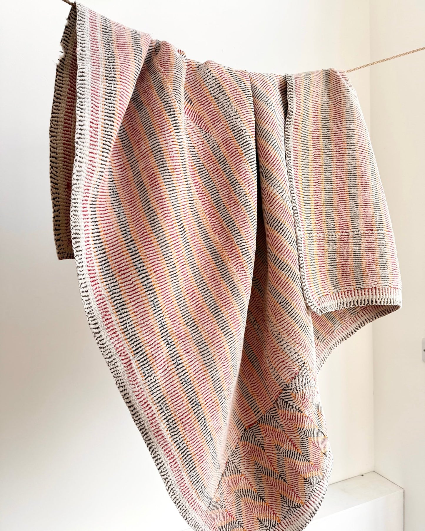 Small Heavy Vintage Lohori Kantha Quilt in Pink and Yellow Stripes - Biggs & Hill