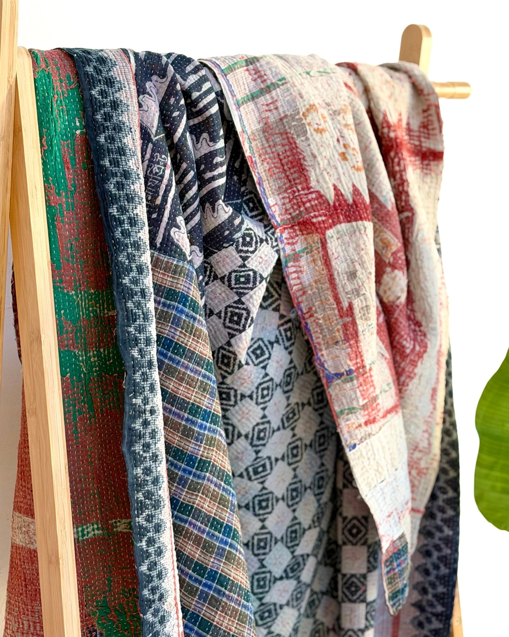 Extra Large Textured Vintage Kantha Quilt In Blue, Red and Green - Biggs & Hill