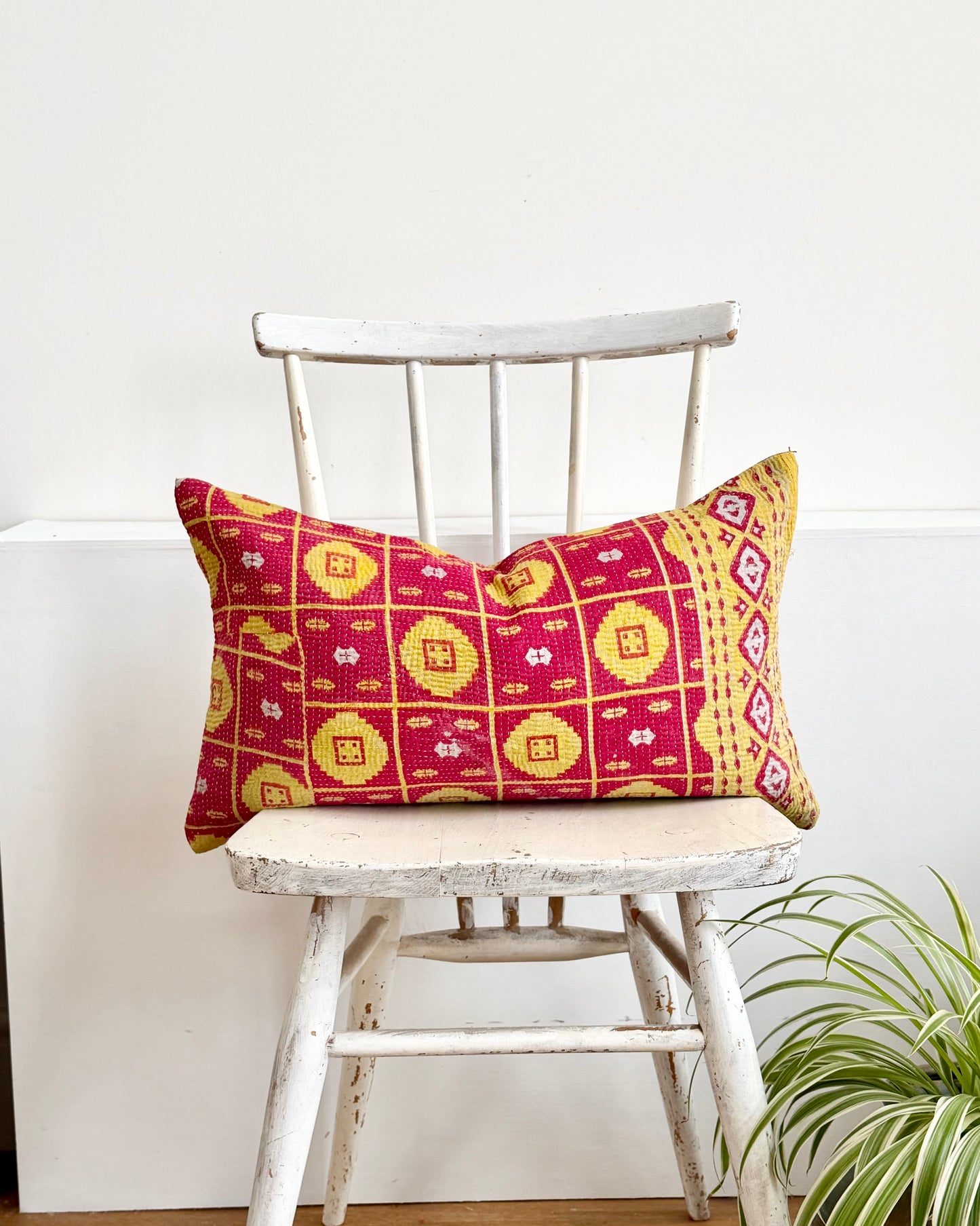 Vintage Kantha Cushion In Lime Green and Pink - Small Rectangular