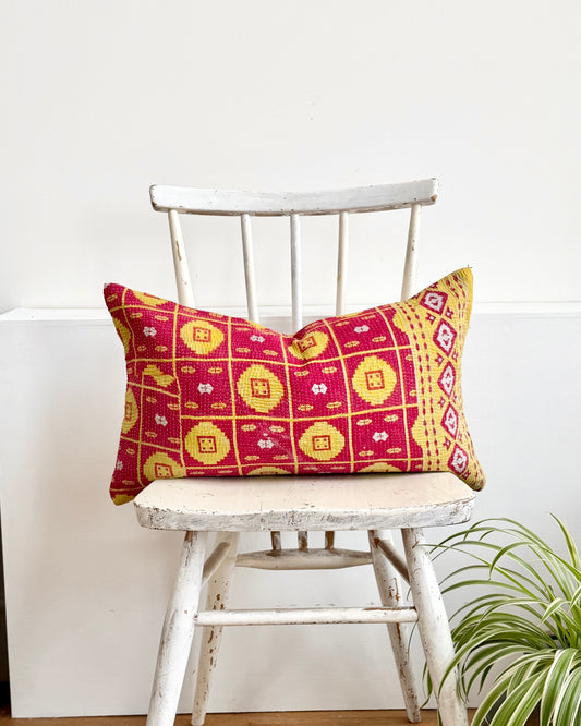 Vintage Kantha Cushion In Lime Green and Pink - Small Rectangular