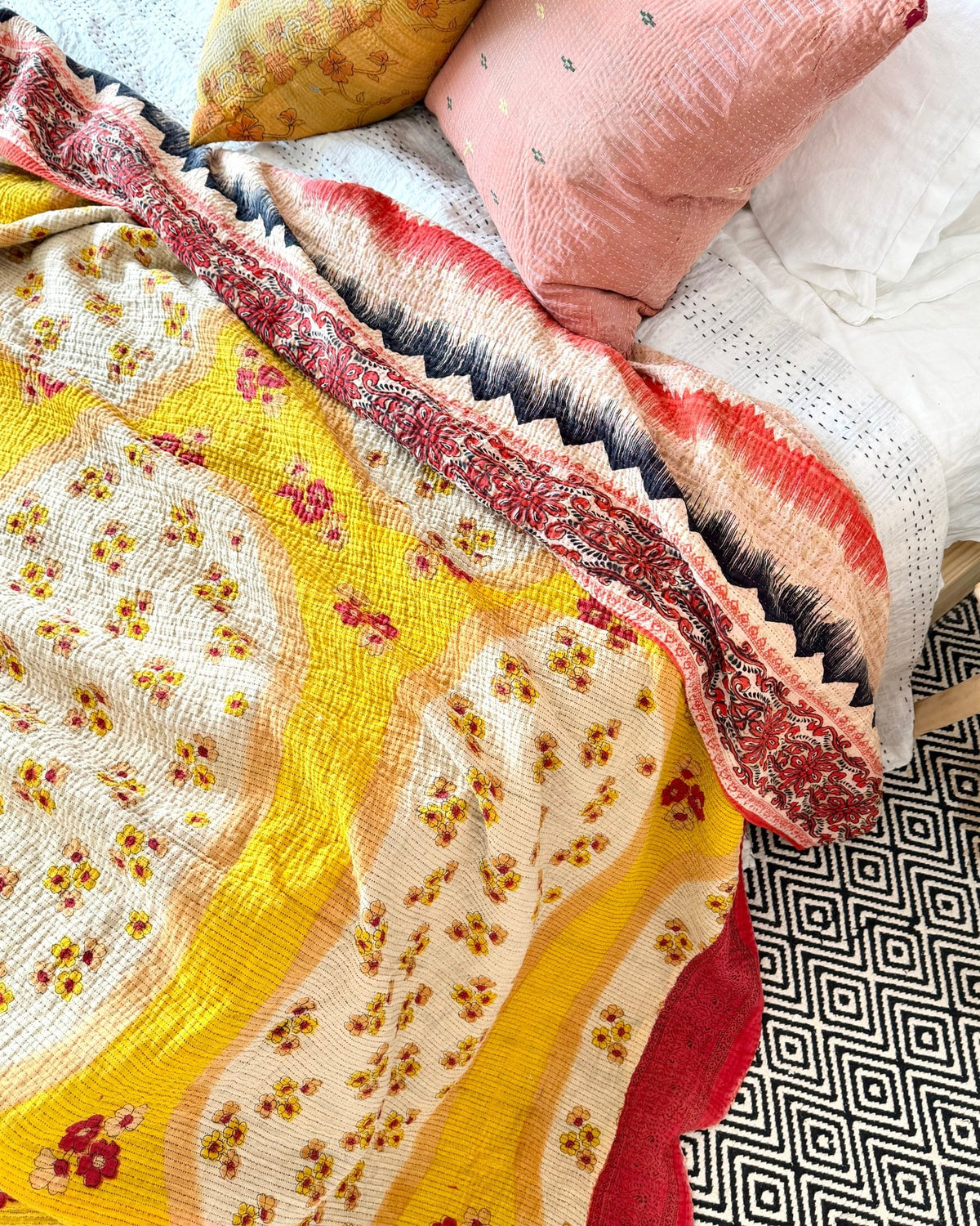 Extra Large Fine Stitched Vintage Kantha Quilt in Geometric Red and Yellow - Biggs & Hill
