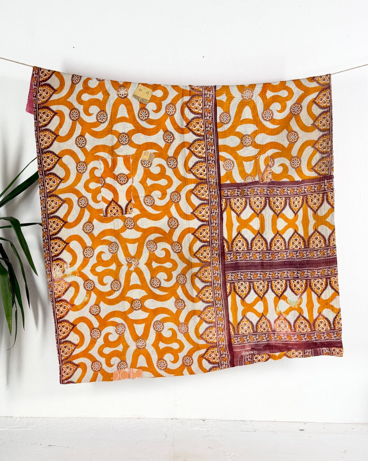 Fine Stitched Vintage Kantha Quilt with Geometric Orange Patterns - Biggs & Hill