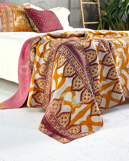 Fine Stitched Vintage Kantha Quilt with Geometric Orange Patterns - Biggs & Hill