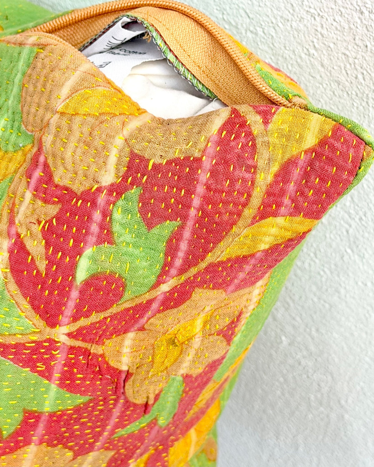 Handmade Reversible Vintage Kantha Cushion Cover In Green and Yellow - 45cm (18") - Biggs & Hill