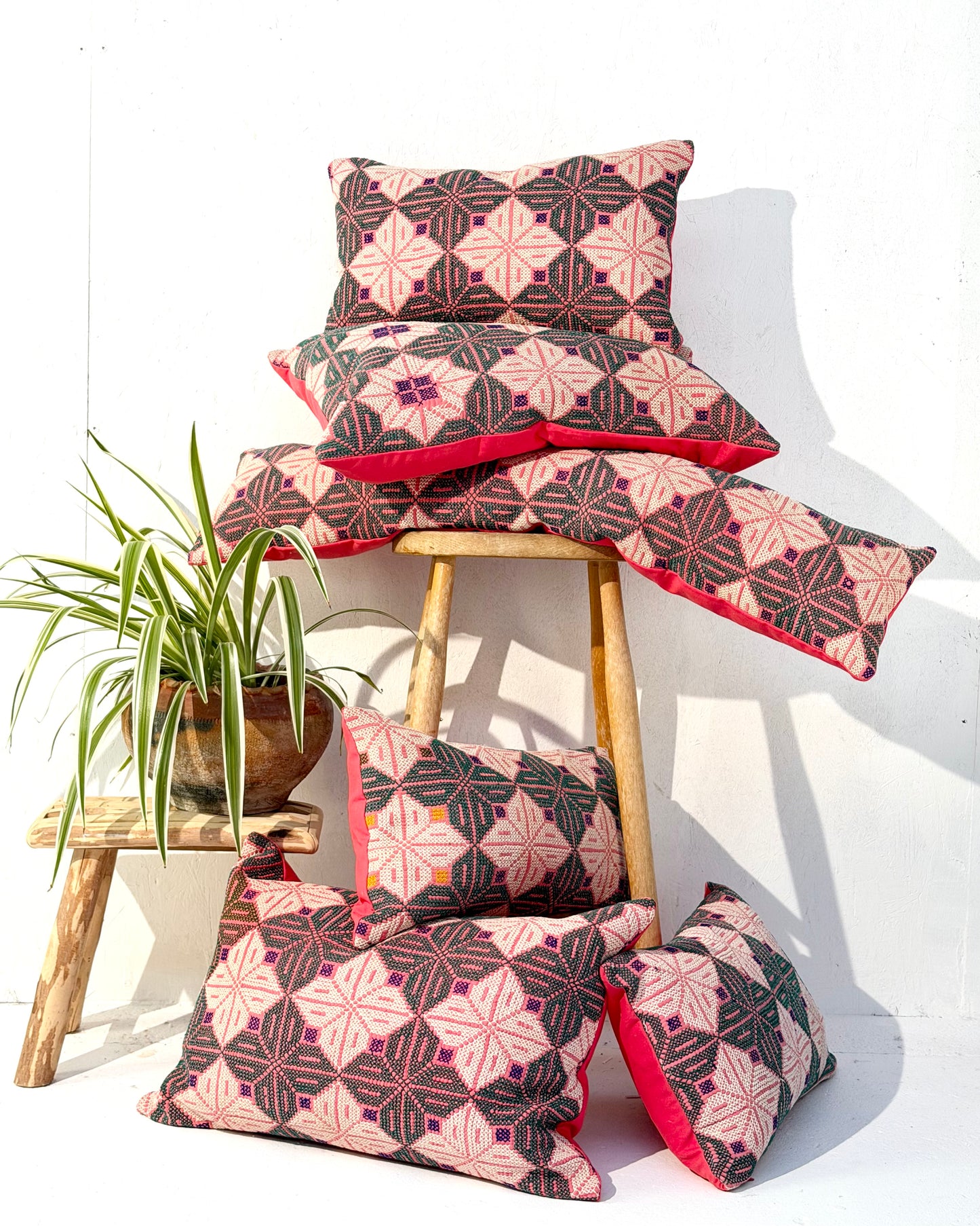 Vintage Galichi Kantha Cushion Cover In Pink - Large Rectangular