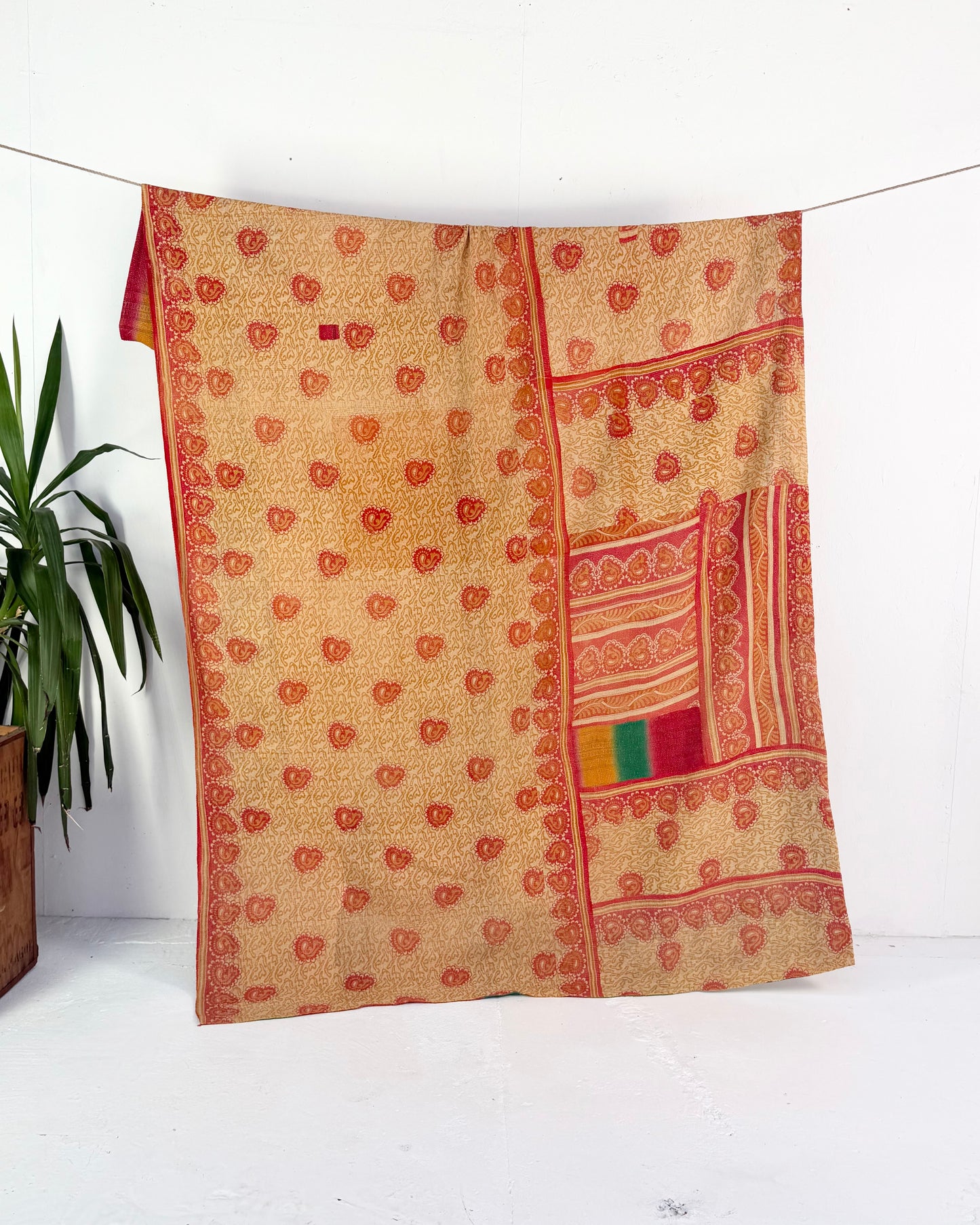Extra Large Fine Stitched Vintage Kantha Quilt in Beige, Red and Green