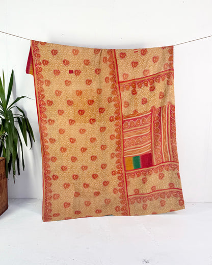 Extra Large Fine Stitched Vintage Kantha Quilt in Beige, Red and Green