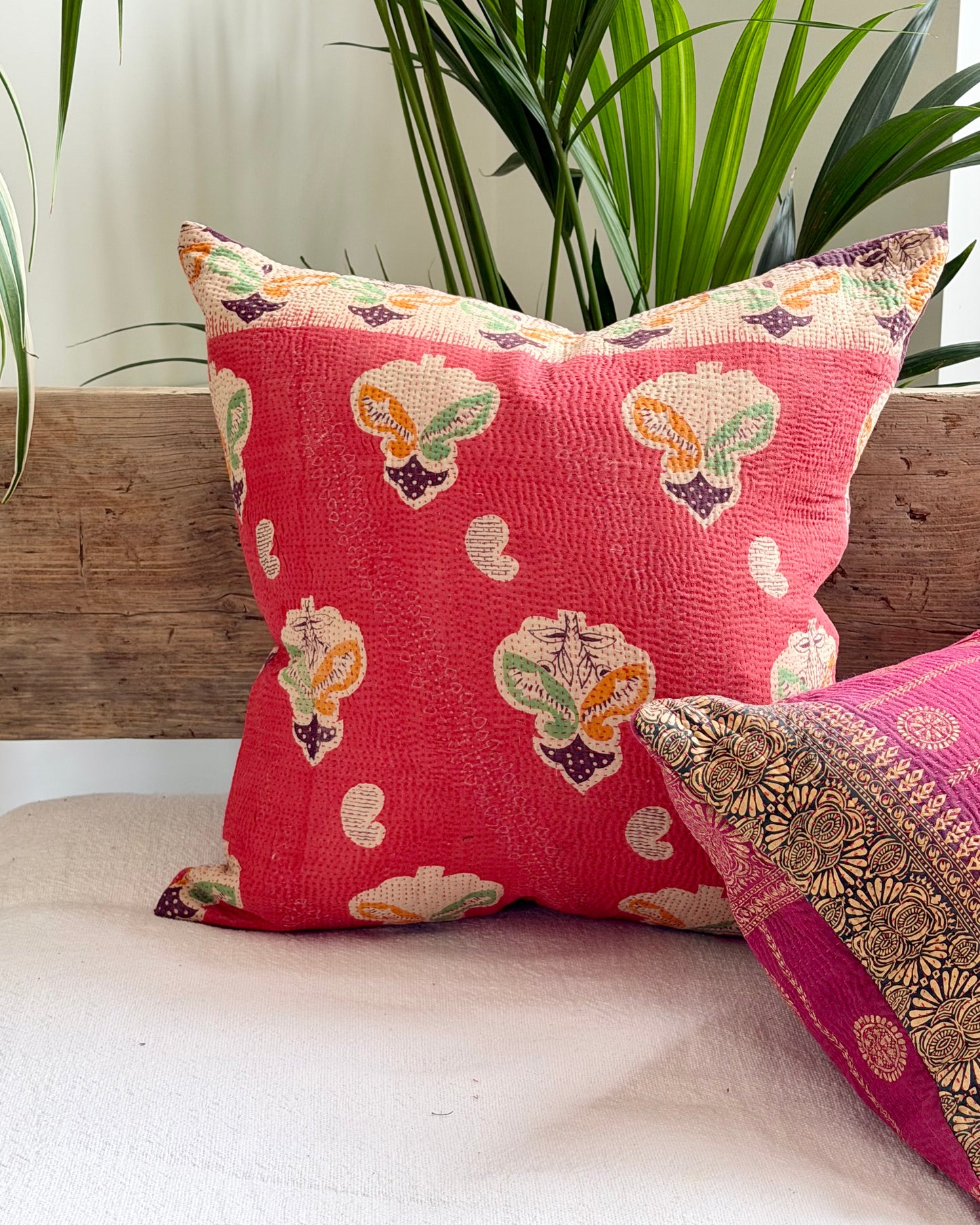 Vintage Kantha Cushion In Pink and Purple - 45cm Square