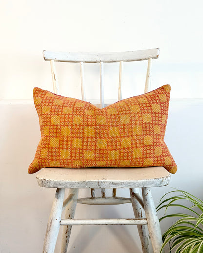 Vintage Kantha Cushion In Pink and Yellow - Small Rectangular