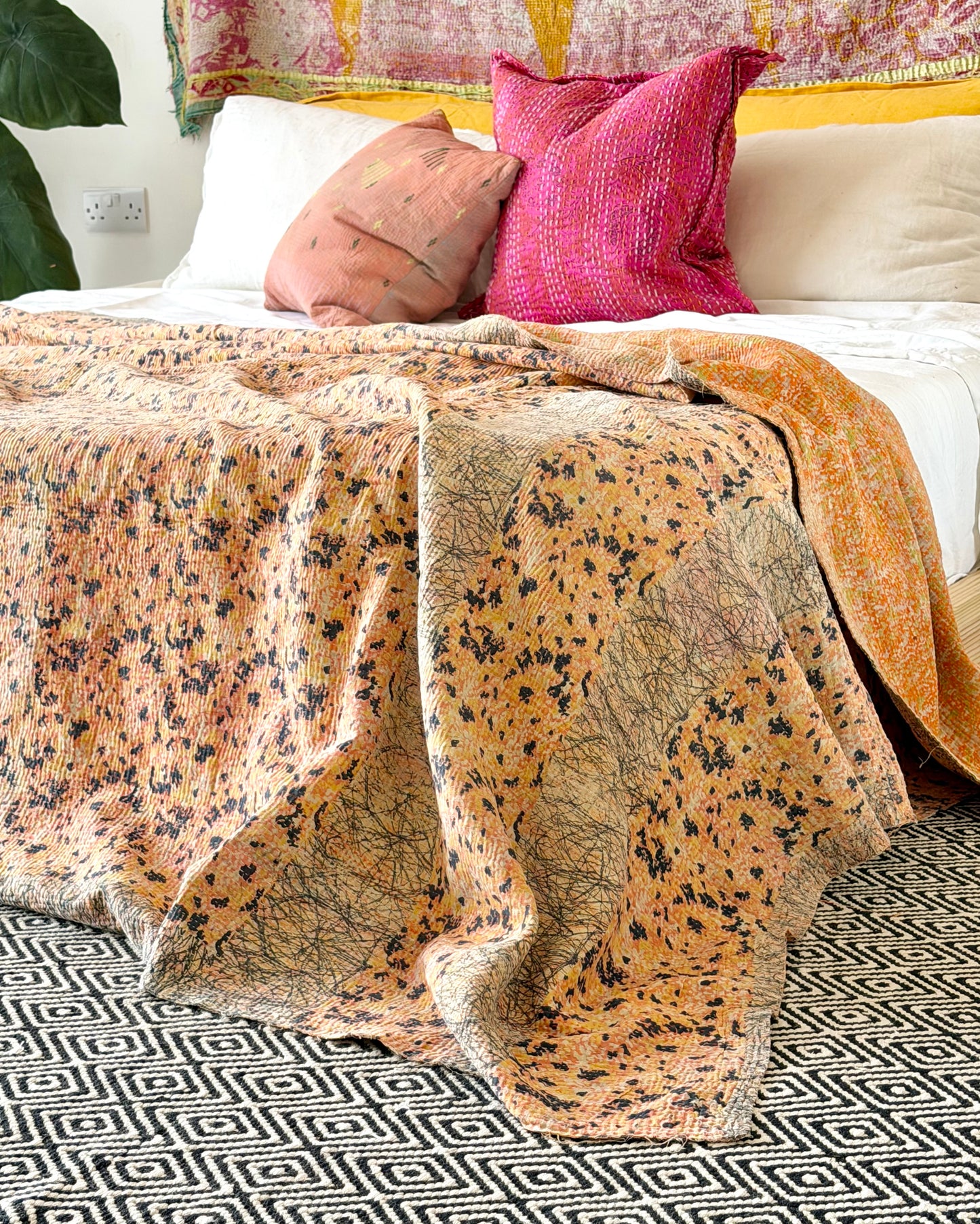 Extra Large Large Fine Stitched Vintage Kantha Quilt in Peachy Pink