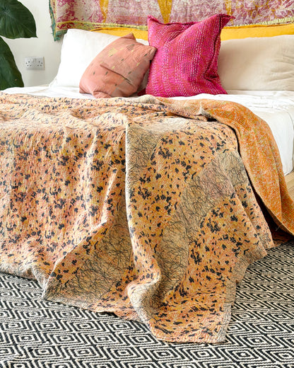 Extra Large Large Fine Stitched Vintage Kantha Quilt in Peachy Pink