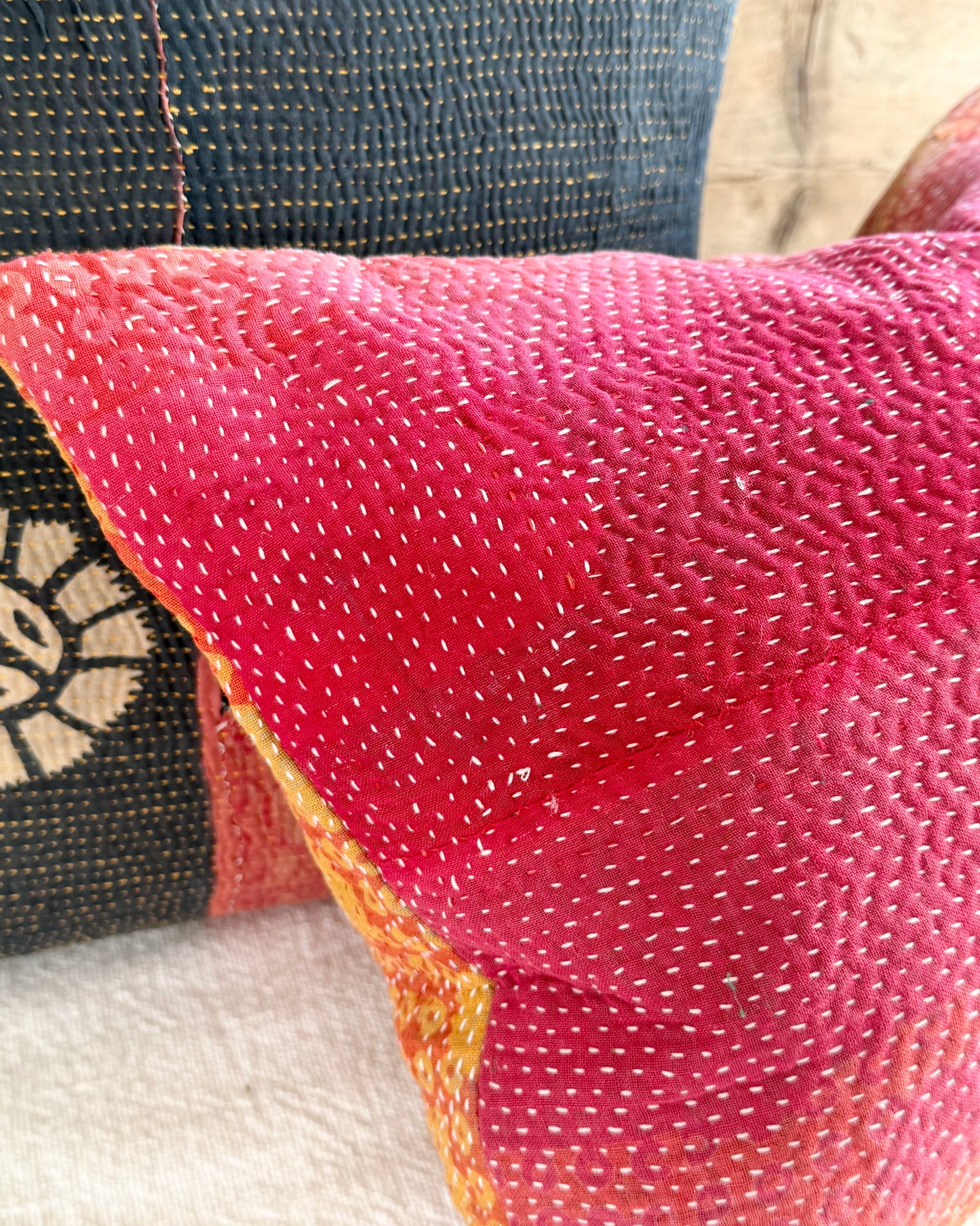Vintage Kantha Cushion In Pink and Yellow - Small Rectangular