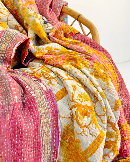 Extra Large Large Fine Stitched Vintage Kantha Quilt in Pink and Yellow