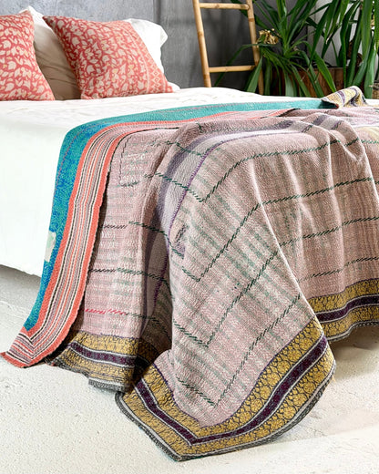 Embroidered Vintage Kantha Quilt in Pink and Turquoise - Biggs & Hill