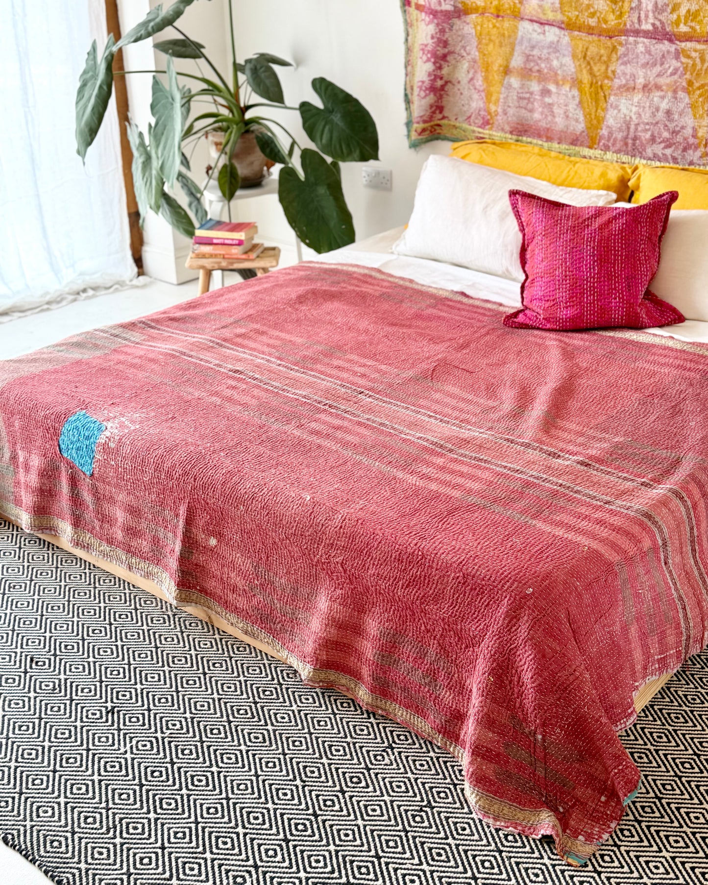 Extra Large Large Fine Stitched Vintage Kantha Quilt in Pink and Yellow