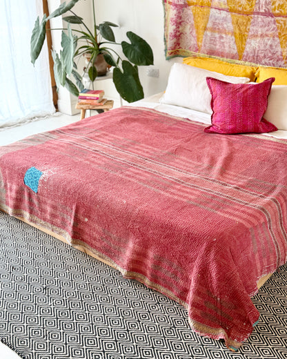 Extra Large Large Fine Stitched Vintage Kantha Quilt in Pink and Yellow