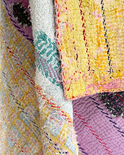 Large Textured Vintage Kantha Quilt In Abstract Pink, Purple and Yellow - Biggs & Hill