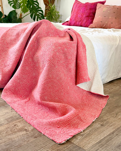 Embroidered Sujini Vintage Kantha Quilt In Faded Pink With Lotus Flower