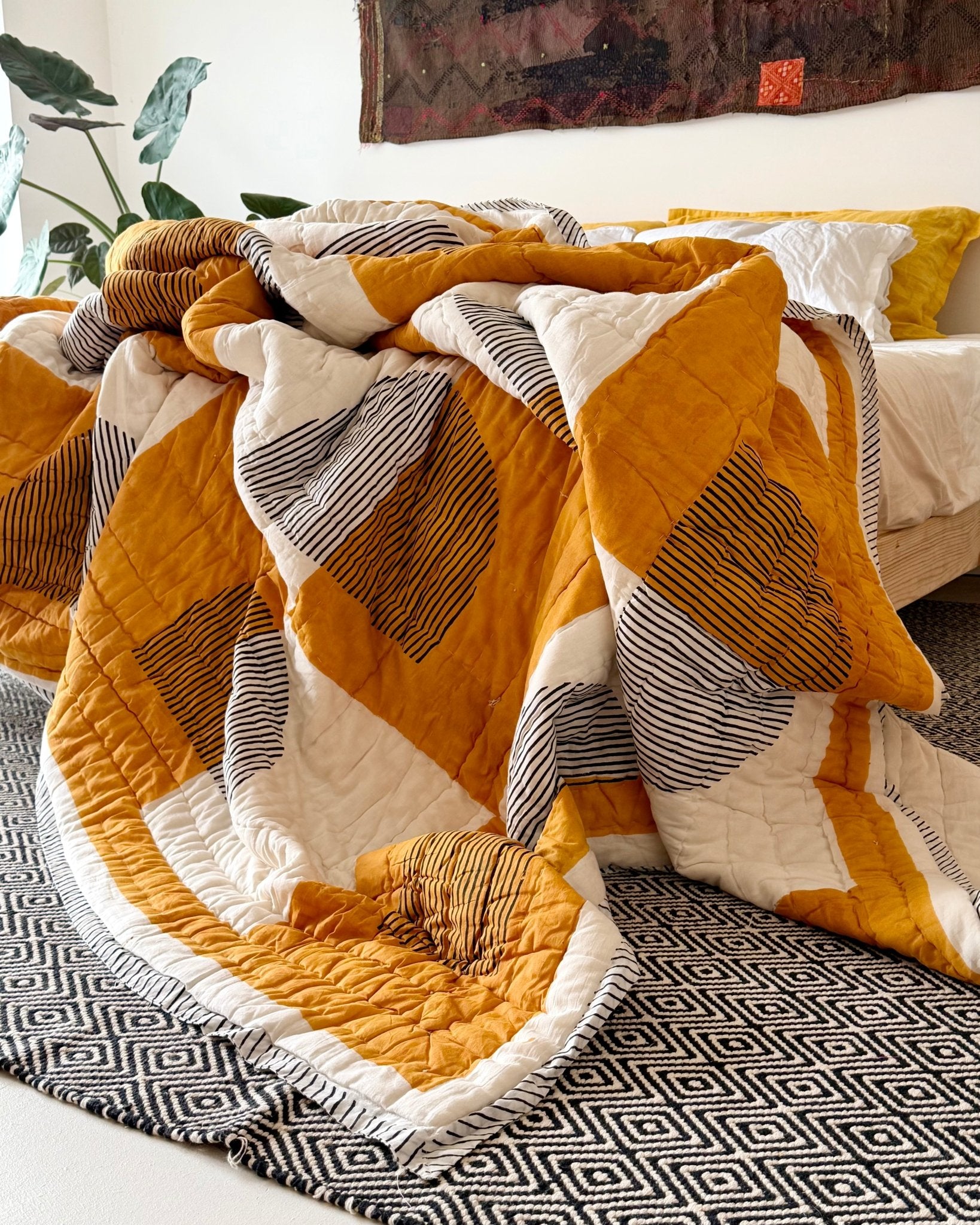 Quilted Kantha In Black, White and Orange With Geometric Squares - SUPER KING - Biggs & Hill