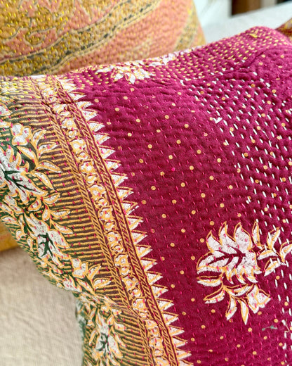 Vintage Kantha Cushion In Burgundy and Gold - Small Rectangular